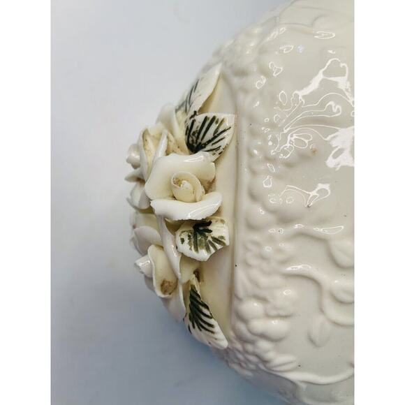 Vintage Porcelain Pitcher 3D Roses Lattice Neck 7.5" Cream Home Decor Rose Vase - Picture 7 of 12